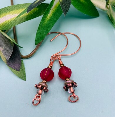 Siam Ruby Red Earrings, Matte Ruby Red Etched in Gold Bead Earrings, Siam Ruby with Small Copper Hoop Earrings, Ruby and Green Bead Earrings - image1